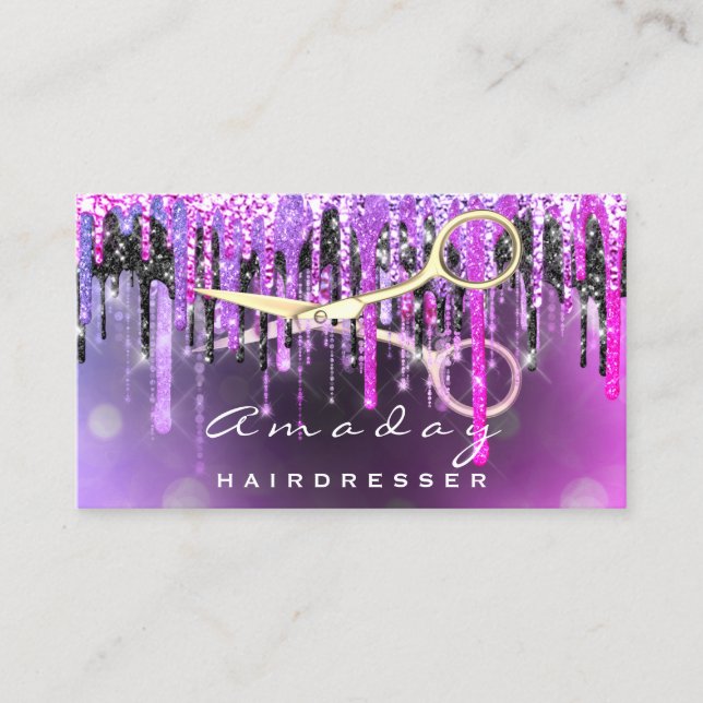Professional Hairdresser Scissors Gold Drip Pink Business Card (Front)