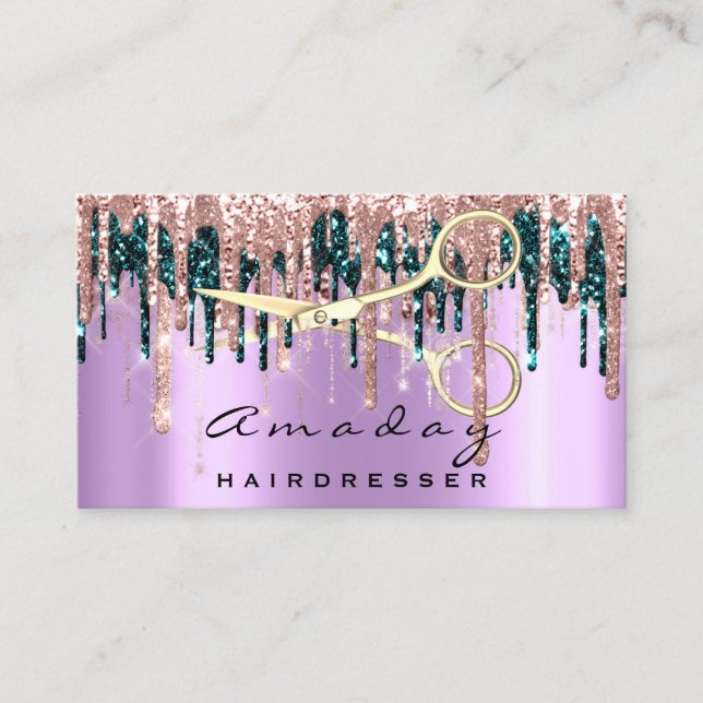 Professional Hairdresser Scissors Rose Violet Gold Business Card (Front)