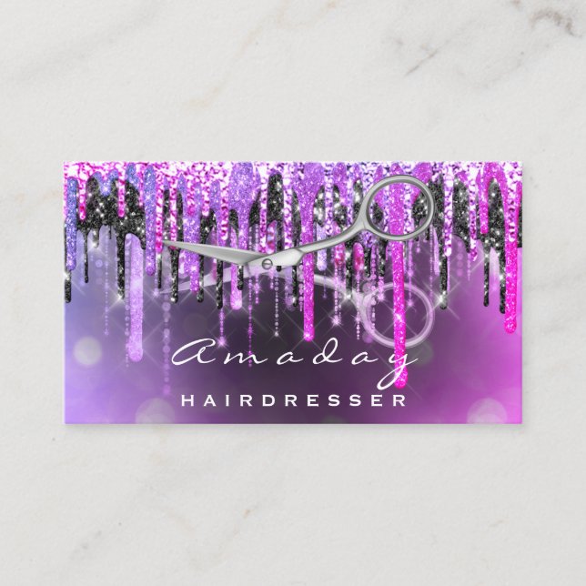 Professional Hairdresser Scissors Silver Drip Pink Business Card (Front)