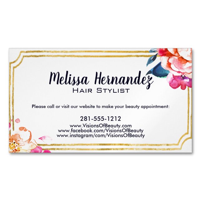 Professional Hairstylist Hair Floral Pink Blue Magnetic Business Card (Front)