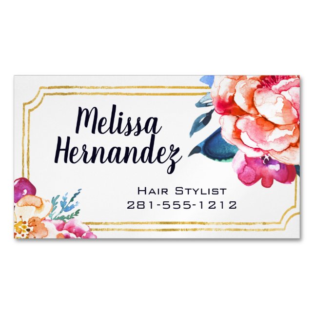 Professional Hairstylist Hair Floral Pink Blue Magnetic Business Card (Front)