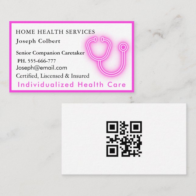 Professional Health Caregiver Medical QR Code pink Business Card (Front/Back)