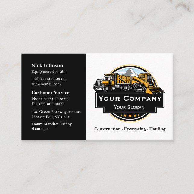 Professional Heavy Equipment Construction Company  Business Card (Front)