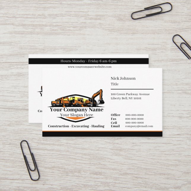 Professional Heavy Equipment Construction Company  Business Card (Front/Back In Situ)