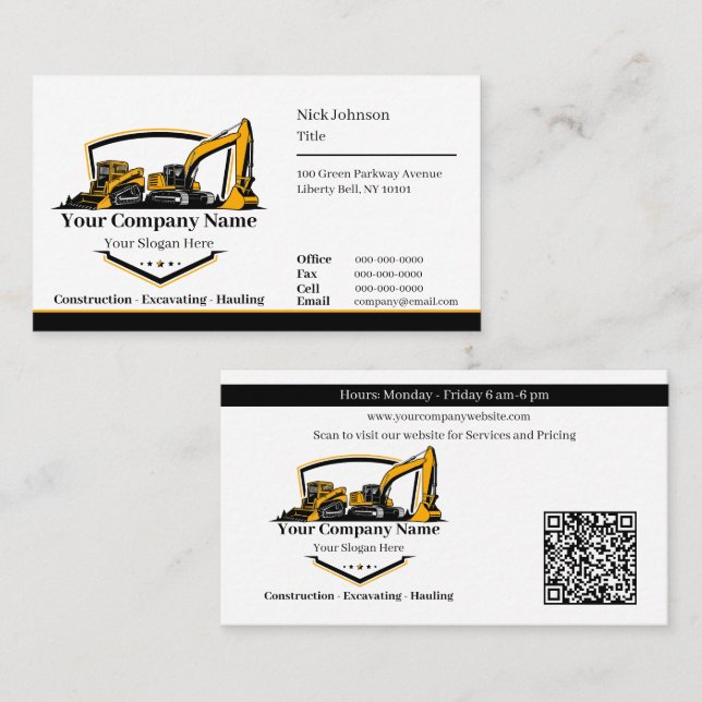 Professional Heavy Equipment Construction Company  Business Card (Front/Back)