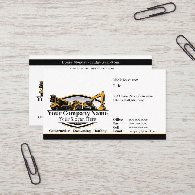 Professional Heavy Equipment Construction Company  Business Card (Front/Back In Situ)