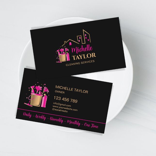 Professional House and Office Cleaning Services Business Card (pink and gold cleaning tools logo)