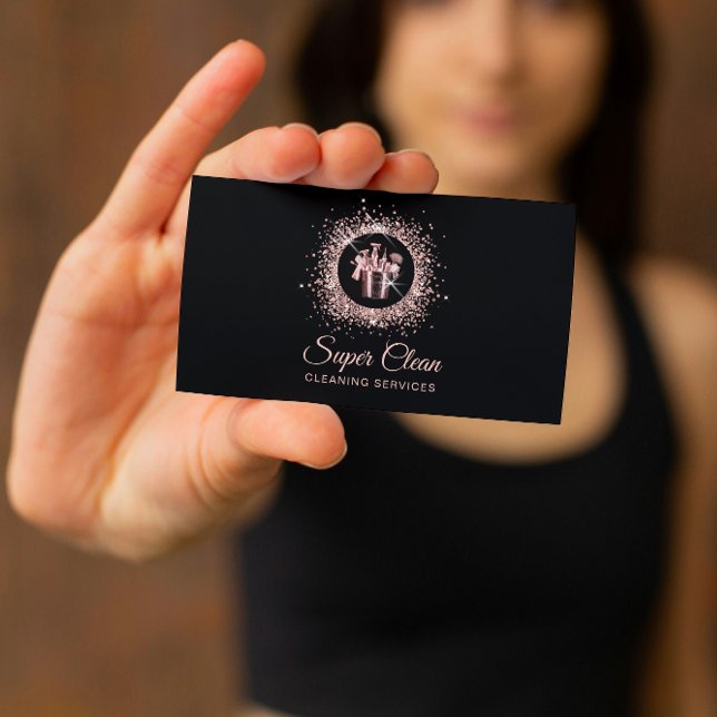 Professional House Cleaning Housekeeping Business Card (rose gold glitter house cleaning tools on the black background)