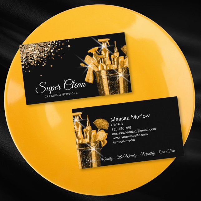 Professional House Cleaning Housekeeping Business Card (gold cleaning tools in a bucket)