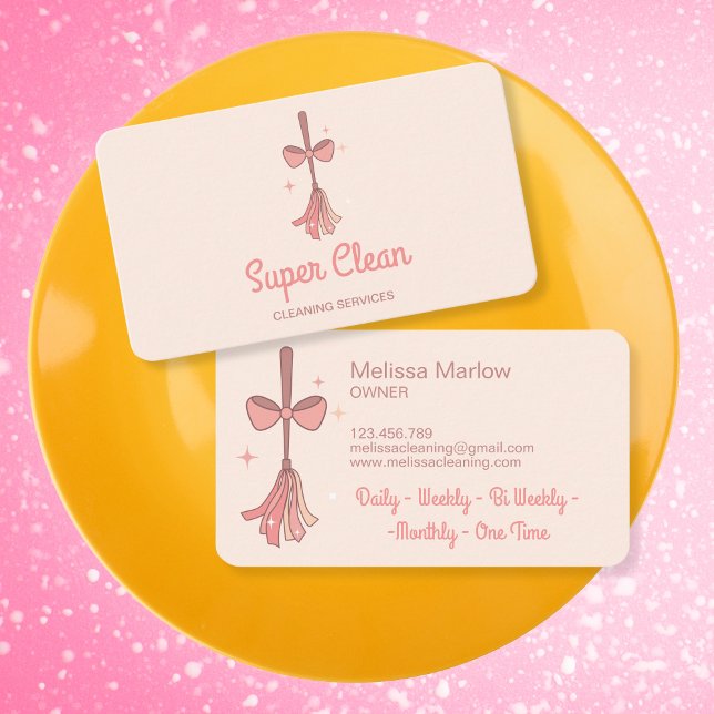 Professional House Cleaning Logo Retro Broom Bow Business Card (Creator Uploaded)