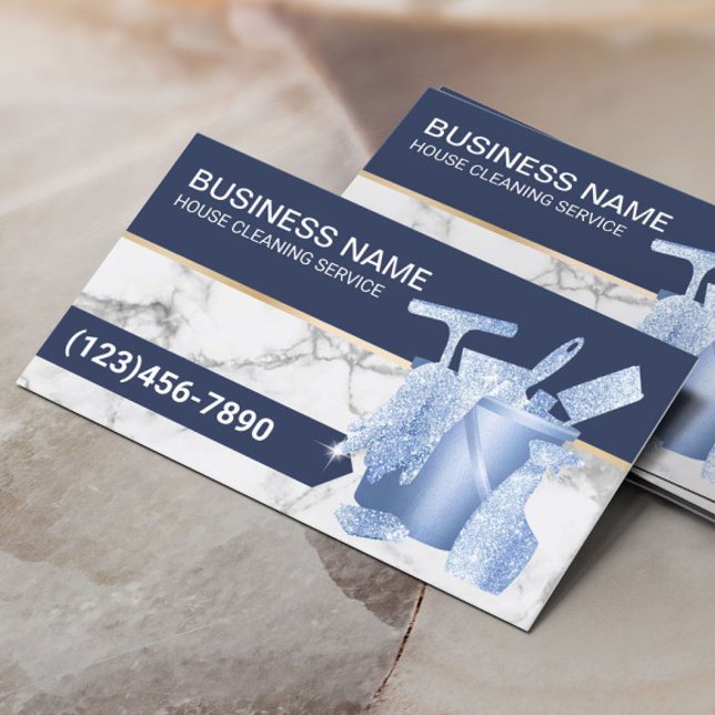 Professional House Cleaning Navy Blue Marble Business Card (Creator Uploaded)