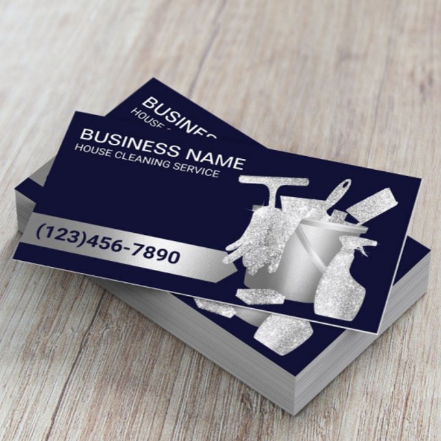 Professional House Cleaning Navy Blue & Silver Business Card (Creator Uploaded)
