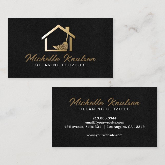 Professional House Cleaning Service black Gold Bus Business Card (Front/Back)