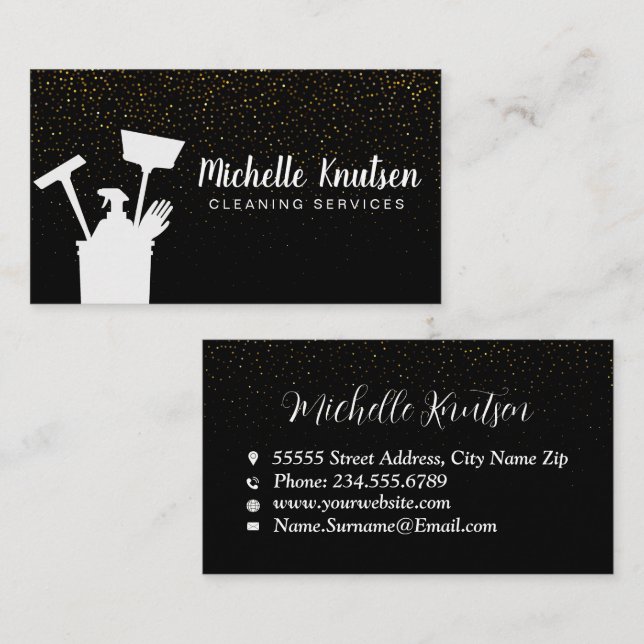 Professional House Cleaning Service black Gold Business Card (Front/Back)