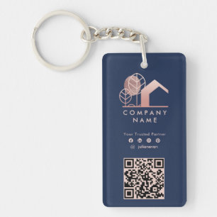 Professional House Logo Navy Blue Rose Gold Qr Key Ring