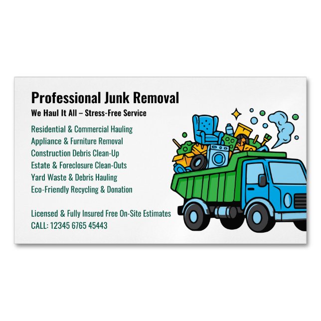 Professional Junk Removal Hauling Services Truck Magnetic Business Card (Front)