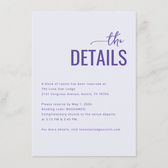 Professional Lavender Typographic Details Enclosure Card (Front)