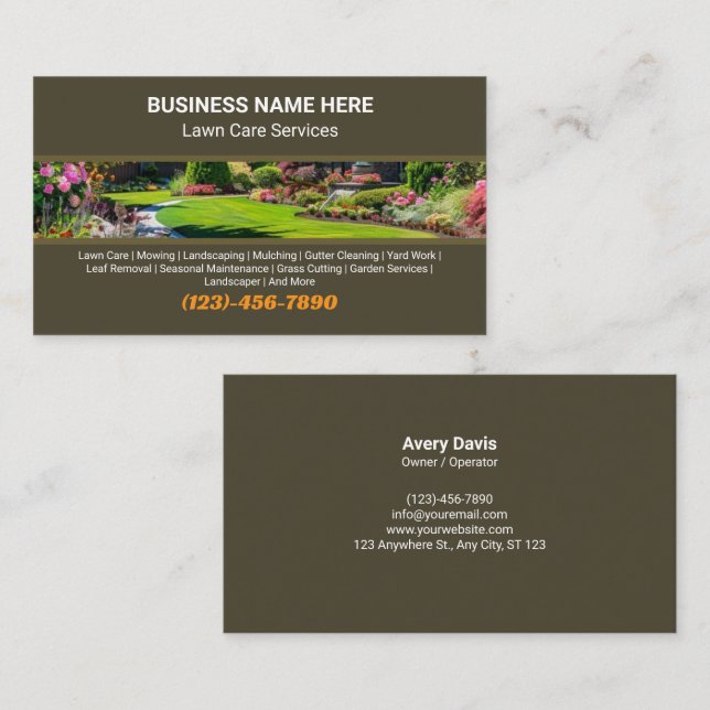 Professional Lawn Care Landscaping Garden Services Business Card (Front/Back)