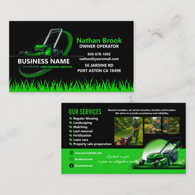 Professional Lawn Care Landscaping Green Black Business Card (Front/Back)