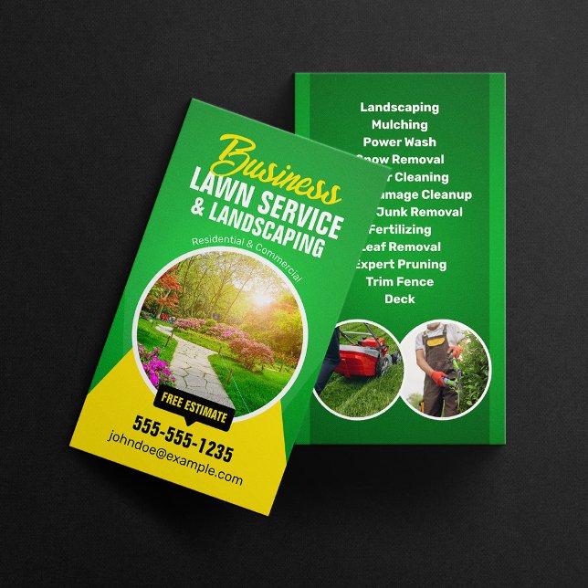 Professional Lawn Care Landscaping Green Yellow Business Card (Creator Uploaded)