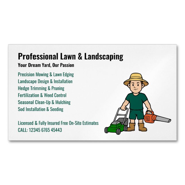 Professional Lawn Care Landscaping Service Magnetic Business Card (Front)