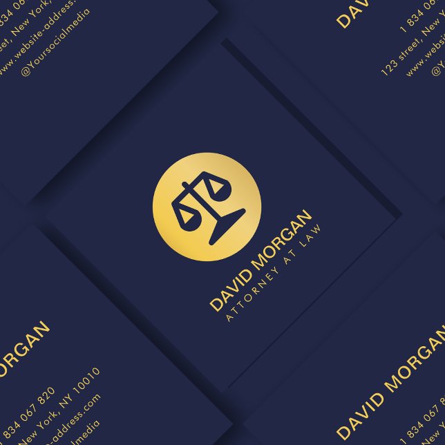  Professional Lawyer Justice Logo Navy And Gold  Square Business Card (Creator Uploaded)