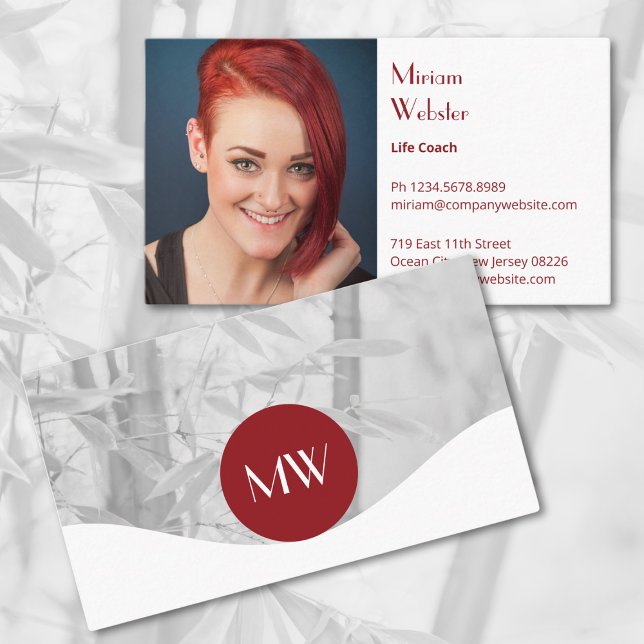 Professional Life Coach Personal Business Card (Professional Life Coach Personal Business Card, Profile Photo, Initials, Red & White)