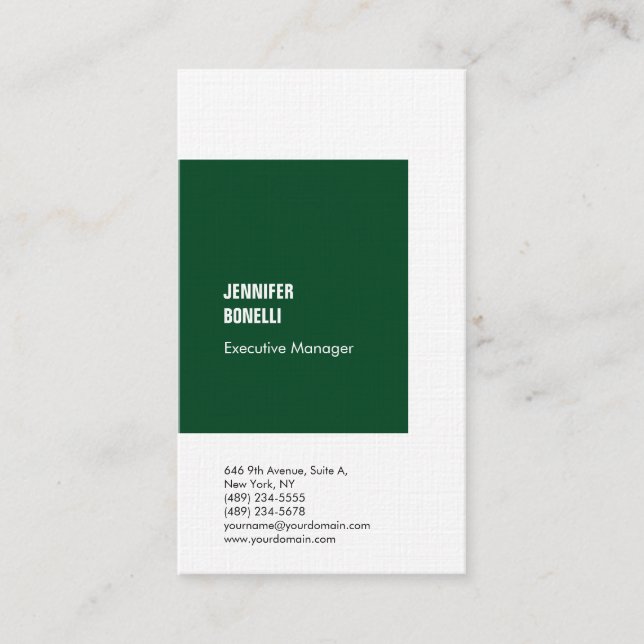 Professional linen minimalist forest green white business card (Front)