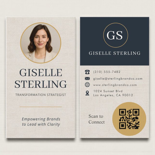 Professional Linen Photo QR Code Modern Business Card (Creator Uploaded)