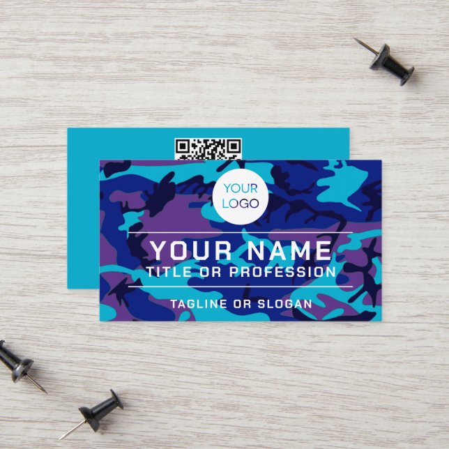 Professional Logo Name QR Code Blue & Purple Camo Calling Card (Front/Back In Situ)