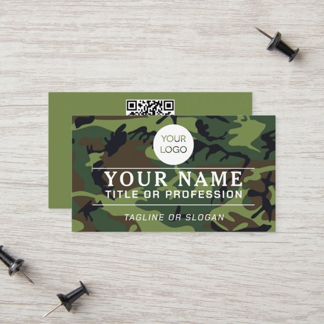 Professional Logo Name QR Code Military Green Camo Calling Card (Front/Back In Situ)