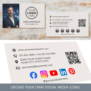 Professional Logo Photo Social Media Off-White Business Card