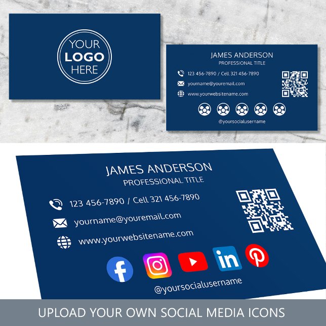 Professional Logo Social Media QR Code Navy Business Card (Creator Uploaded)