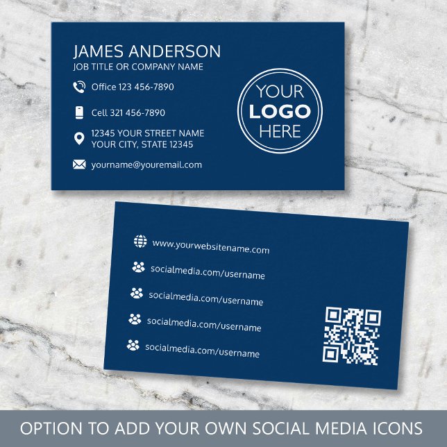 Professional Logo Social Media QR Code Navy Business Card (Creator Uploaded)