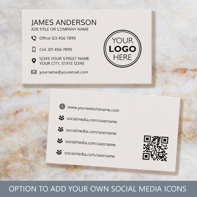 Professional Logo Social Media QR Code Off-White Business Card (Creator Uploaded)