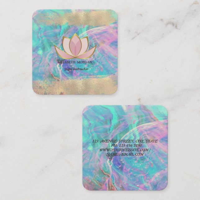 Professional Lotus Gold Brush Stroke Opal Square Business Card (Front/Back)