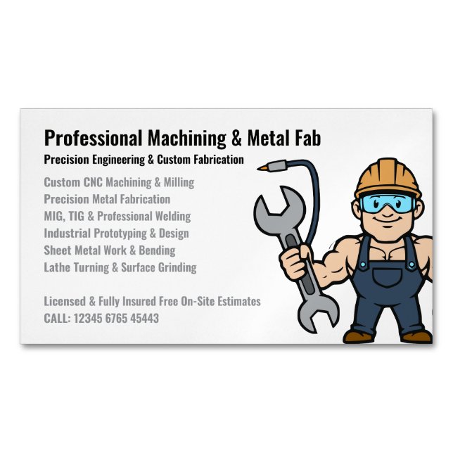 Professional Machining Metal Fabrication Cartoon Magnetic Business Card (Front)