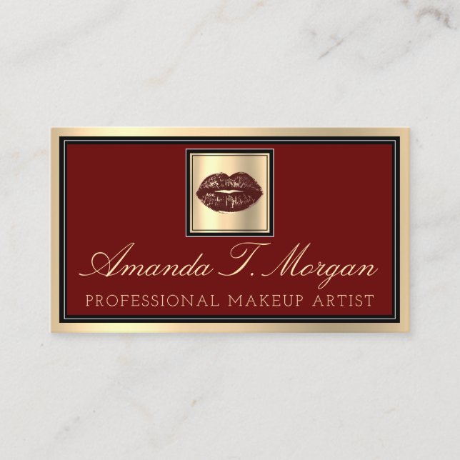 Professional Makeup Artist Gold Framed Kiss Lips Business Card (Front)