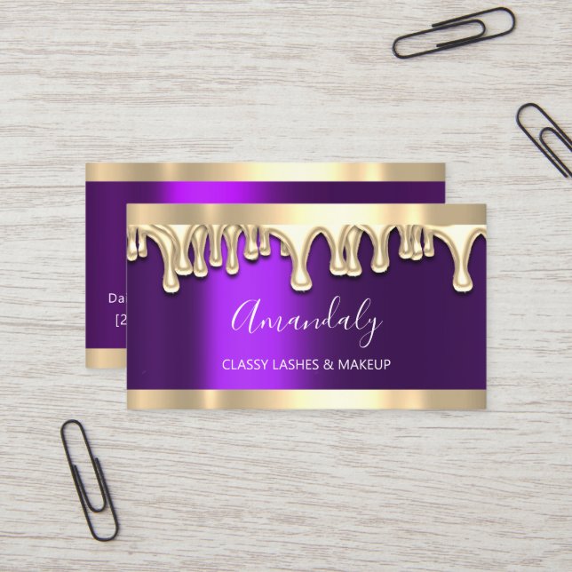 Professional Makeup Artist Gold Purple Viole Nails Business Card (Front/Back In Situ)