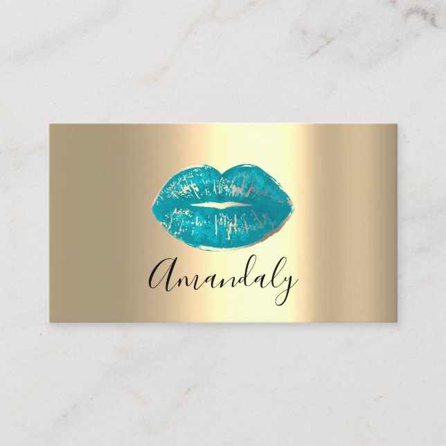 Professional Makeup Artist Kiss Lips Blue Gold Business Card (Front)