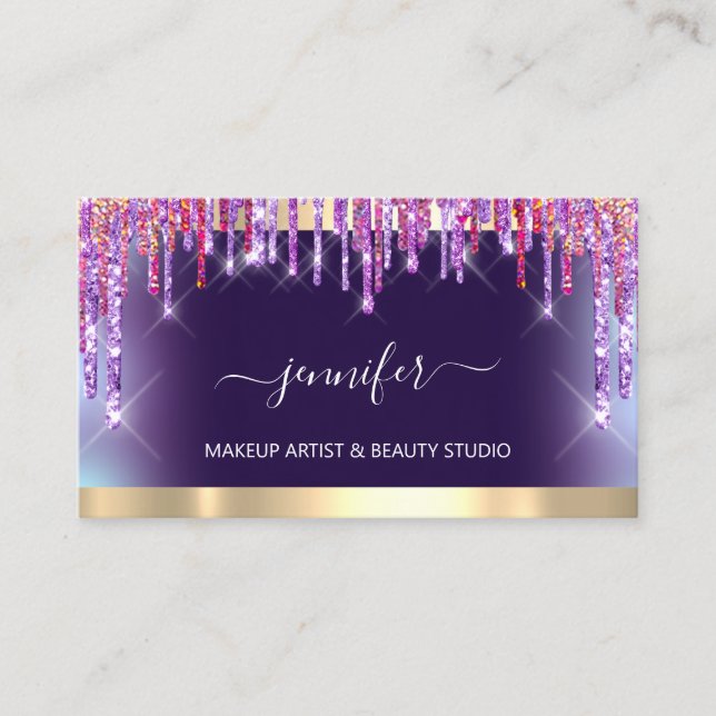 Professional Makeup Artist. Ombré Gold Purple Drip Business Card (Front)