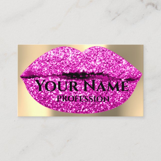 Professional Makeup Artist Pink Glitter Lips Gold Business Card (Front)