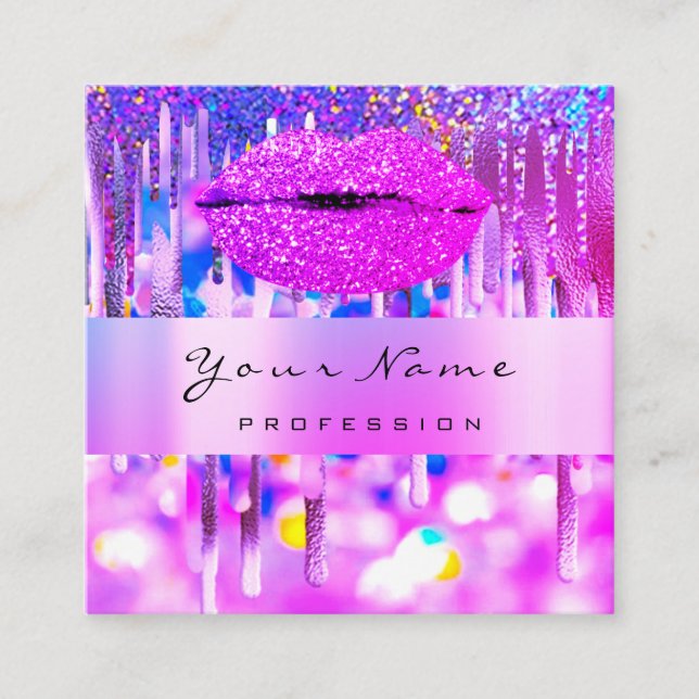 Professional Makeup Artist Pink Lip Holograph Drip Square Business Card (Front)