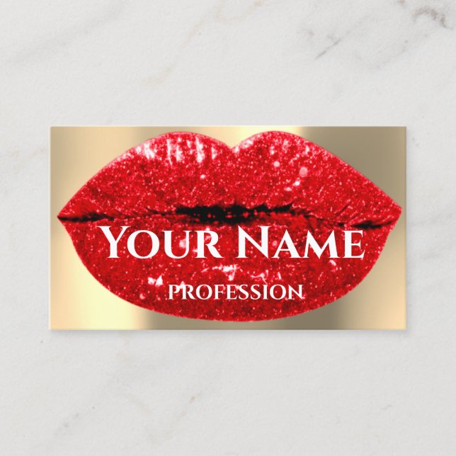 Professional Makeup Artist Red Lips Gold Glitter Business Card (Front)