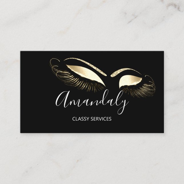 Professional Makeup Black White Gold Eyelashes Business Card (Front)