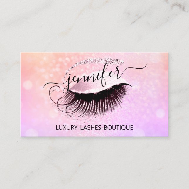 Professional Makeup Eyelash QR Code Pink Holograph Business Card (Front)