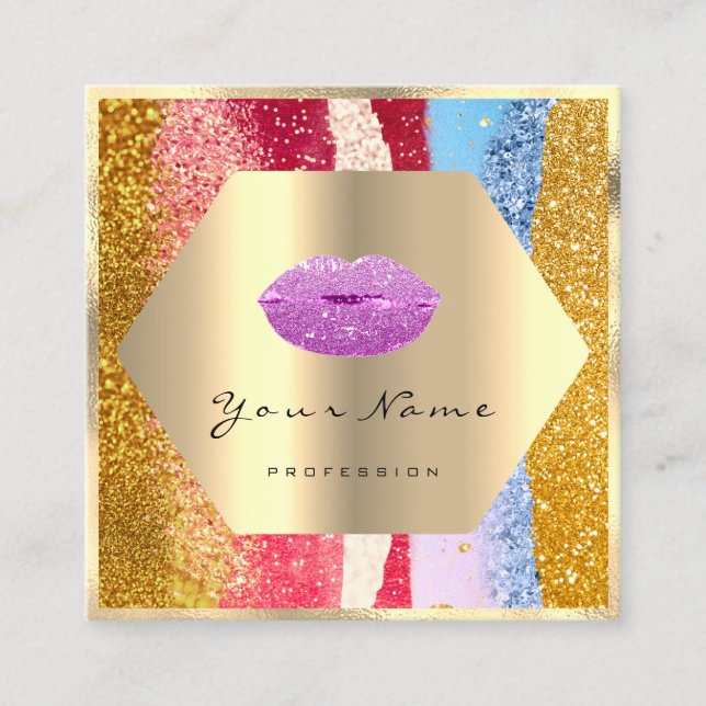 Professional Makeup Gold Glitter Pink Lips Kiss Square Business Card (Front)