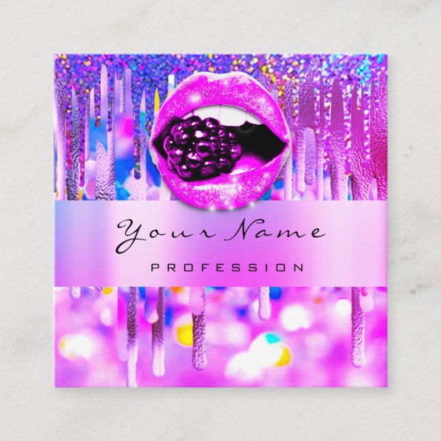 Professional Makeup  Logo Lip Holograph Drip Berry Square Business Card (Front)