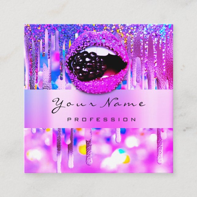 Professional Makeup  Logo Lip Holograph Drip Fruit Square Business Card (Front)