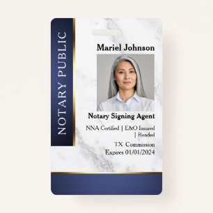 Professional Marble Blue Gold Notary Public ID  ID Badge